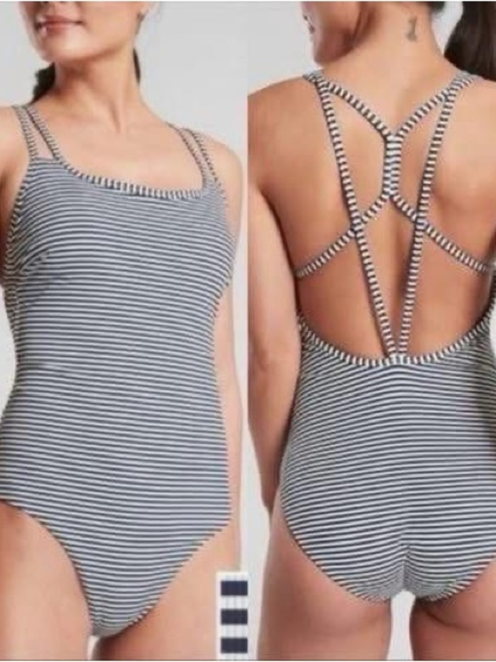 Athleta Navy and White Striped One-Piece Swimsuit